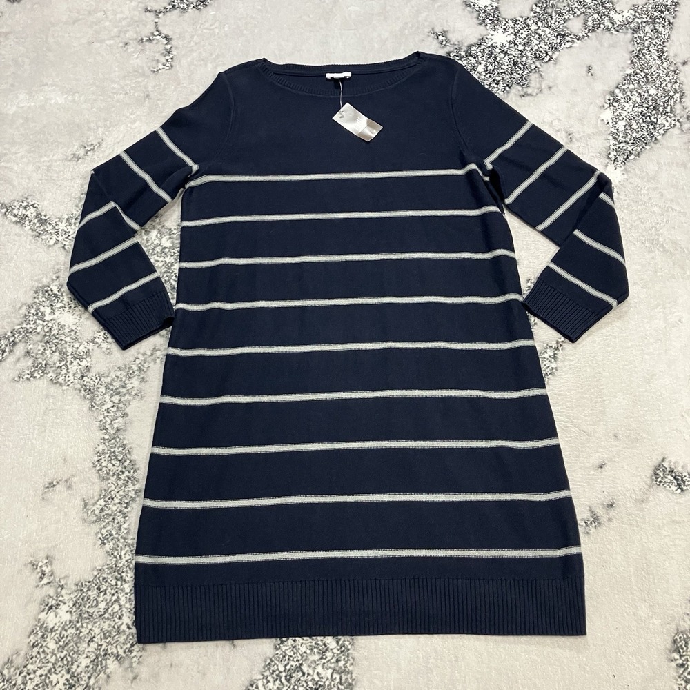 J.Jill Sweater Dress Womens Size MP Navy Gray Stripe Long Sleeve Knit NWT